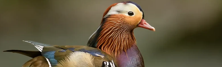 Mandarinente. Extrem bunter Vogel mit braunen, blauen, grünen, lila, rötlichen und weißen Details.